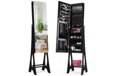 Armoire &agrave; Bijoux Sur Pied avec 12 LED Doublure Int&eacute;rieure en Velours Doux Angle R&eacute;glable 36 x 33,5 x