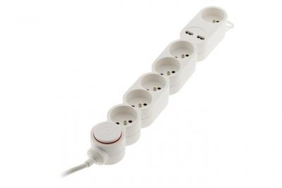Bloc 6x16A + inter blanc c&acirc;ble HO5VV-F 3G1 1,5m + 2xUSB 2,1A &eacute;quip&eacute; d'une fiche extraplate