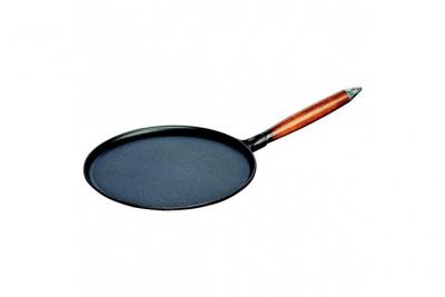 STAUB Cr&ecirc;pi&egrave;re en Fonte avec Manche Bois, Ronde, &Oslash; 28 cm, Noir Mat