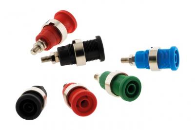 Lot de 6 douilles de s&eacute;curit&eacute; &Oslash;4mm fixation par &eacute;crou: 2 Rouges + 2 Noires + 1 Bleue + 1 verte -