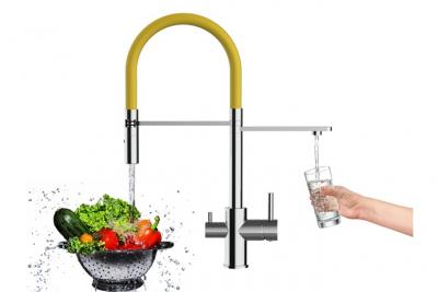 Robinet de cuisine 3 voies chrom&eacute; bec jaune orientable, douche 2 jets d&eacute;tachable VZFL018105
