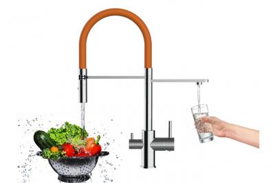 Robinet de cuisine 3 voies chrom&eacute; bec orange orientable, douche 2 jets d&eacute;tachable VZFL018106