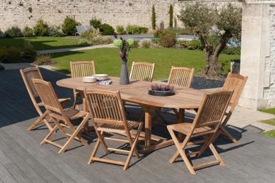 MACABANE Table ovale double extension 10/12 personnes en teck massif