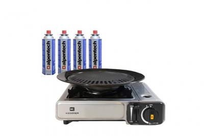 Barbecue Grill 2 en 1 R&eacute;chaud gaz pi&eacute;zo 1900 W + 4 cartouches butane KEMPER