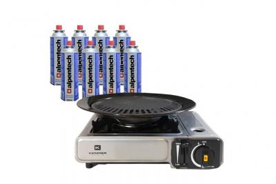 Barbecue Grill 2 en 1 R&eacute;chaud gaz pi&eacute;zo 1900 W + 8 cartouches butane KEMPER