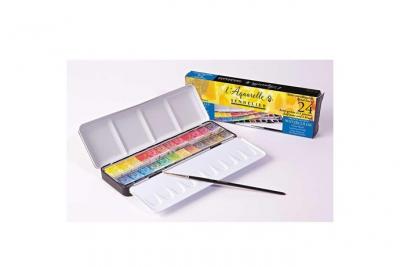 Aquarelles Sennelier - bo&icirc;te m&eacute;tallique 24 demi-godets + 1 pinceau