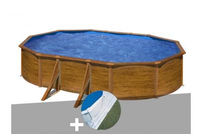 Kit piscine acier aspect bois Gr&eacute; Pacific ovale 6,34 x 3,99 x 1,22 m + Tapis de sol