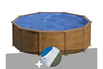 Kit piscine acier aspect bois Gr&eacute; Pacific ronde 4,80 x 1,22 m + Tapis de sol