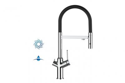Robinet de cuisine 4 voies chrom&eacute; bec noir orientable, douche 2 jets d&eacute;tachable VZBF218102