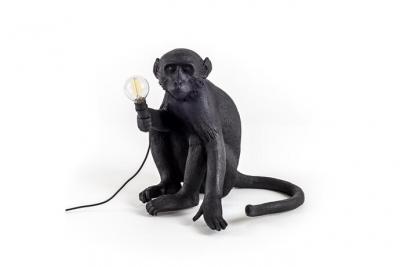 SELETTI Lampe Singe assis en r&eacute;sine, Noir, 45 x 39 x 36 cm
