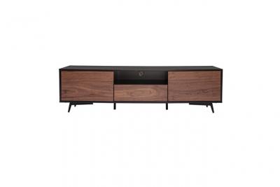 Meuble TV bois fonc&eacute; noyer, noir mat et m&eacute;tal noir 2 portes 1 tiroir L160 cm MERMOZ