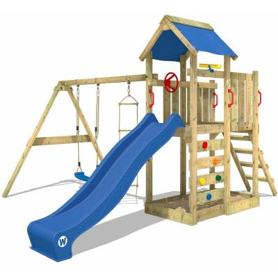Aire de jeux - wickey portique bois multiflyer avec balan&ccedil;oire et toboggan bleu