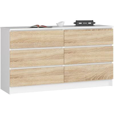 Akord - Commode K140 Blanche 138 cm 6 tiroirs fa&ccedil;ade Ch&ecirc;ne Sonoma 138x40x77 cm