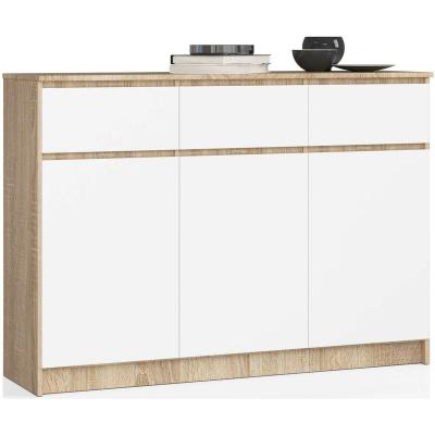 Akord - Commode K140 Ch&ecirc;ne Sonoma 138 cm 3 portes 3 tiroirs fa&ccedil;ade Blanche 6 &eacute;tag&egrave;res 138x40x99 cm