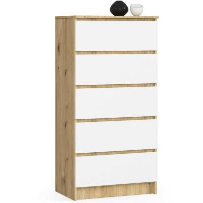 Akord - Commode K60 Ch&ecirc;ne Artisan 60 cm 5 tiroirs fa&ccedil;ade Blanche 60x40x121 cm