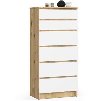 Akord - Commode K60 Ch&ecirc;ne Artisan 60 cm 6 tiroirs fa&ccedil;ade Blanche 60x40x130 cm