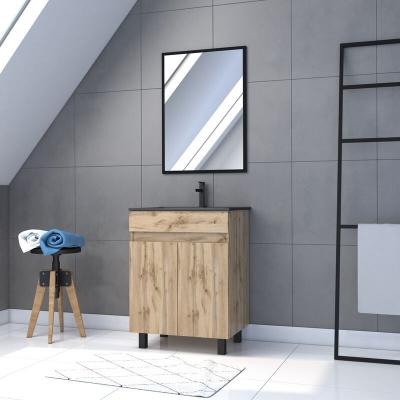 Pack Meuble sdb 60cm sur pieds 2 portes CheneVasque noire + Miroir - timber 60Pack01