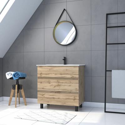 Pack Meuble sdb 80cm sur pieds 3 tiroirs CheneVasque blanche + Miroir Barber - timber 80Pack48