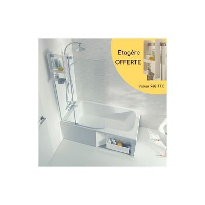 Baignoire bain douche Malice compacte + pare bain + &eacute;tag&egrave;re Blanc brillant, 160 X 85 version gauche