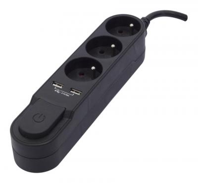 Bloc Design 3x16A avec interrupteur + 2 usb - 1,5m - Noir