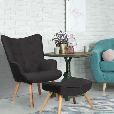 Cotecosy - Fauteuil scandinave + pouf Lylou Tissu Noir - Noir