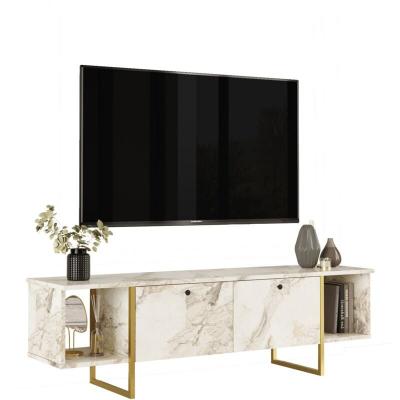 Meuble tv toubkal 160cm m&eacute;tal or et bois effet marbre blanc