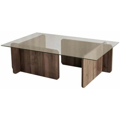 Table basse design alazar 105cm bois fonc&eacute; et verre transparent