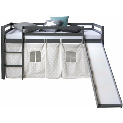 Lit mezzanine pour enfant 90x200cm avec &eacute;chelle toboggan en bois gris avec tissu &eacute;toile - gris