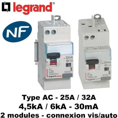 Disjoncteur diff&eacute;rentiel 25a 4.5ka 30ma type ac bipolaire Legrand dx3 vis-auto