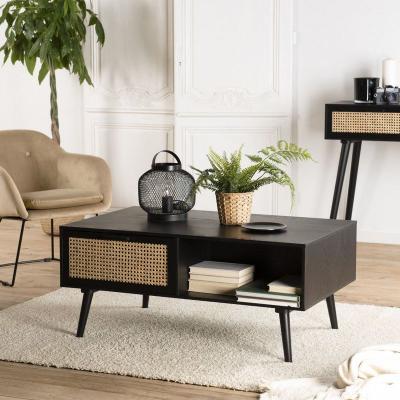 Table basse noire 2 tiroirs cannage 1 niche - MIGUEL