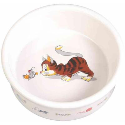 Gamelle, chat avec souris, en c&eacute;ramique 0,2 L/&oslash; 12 cm, blanc