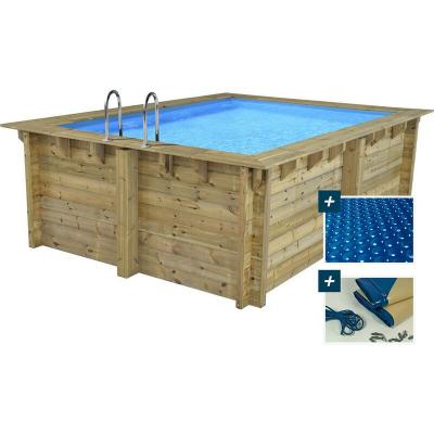 Piscine Bois Rectangle Caimans - 4.10 x 3.00 x 1.24 m + B&acirc;che &agrave; Bulles 180 &micro; - B&acirc;che Hiver 280 g/m&sup2;