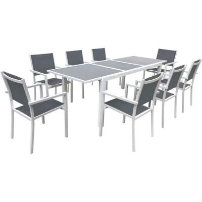Salon de jardin 6 &agrave; 8 places en aluminium blanc et gris