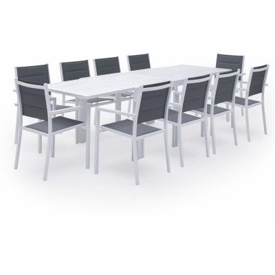 Salon de jardin table 132/264cm en aluminium blanc et gris