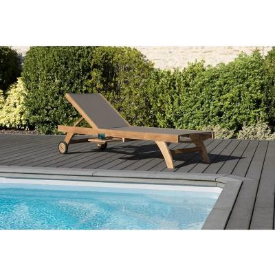MACABANE Bain de soleil avec roulettes en teck massif et textile