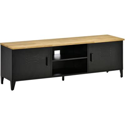 Meuble TV design industriel 2 niches 2 placards t&ocirc;le m&eacute;tal bois d'h&eacute;v&eacute;a