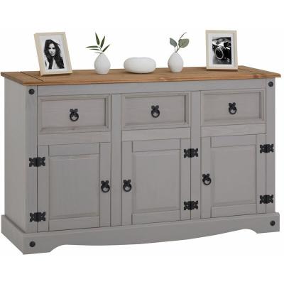 Buffet RAMON avec 3 tiroirs et 3 portes, style mexicain en pin massif gris et brun