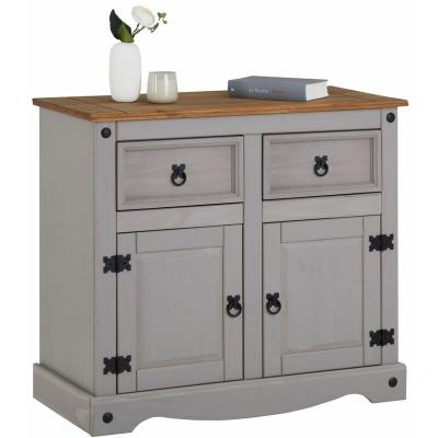 Buffet RAMON avec 2 tiroirs et 2 portes, style mexicain en pin massif gris et brun