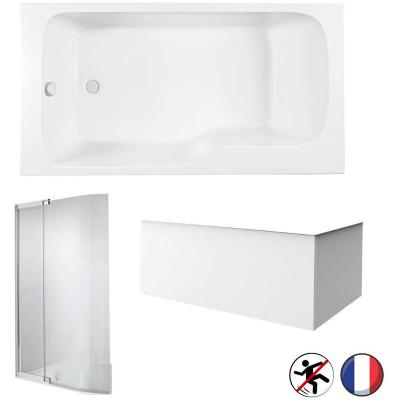 Bain douche malice antid&eacute;rapante + tablier angle + pare bain blanc mat, 160 x 85 version gauche