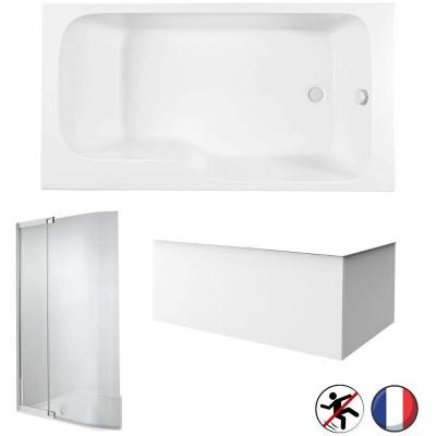Bain douche malice antid&eacute;rapante + tablier angle + pare bain blanc mat, 160 x 85 version droite