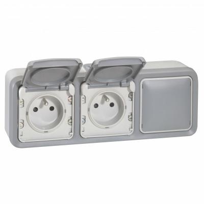 Double prise de courant 2p+t 16a + obturateur complet saillie plexo - gris