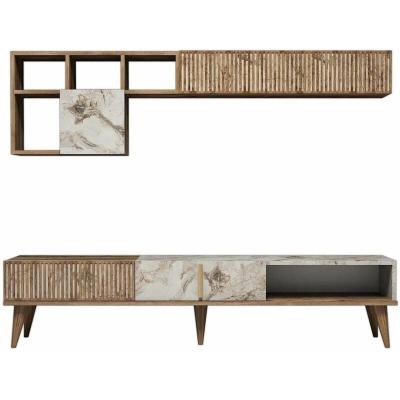 Esemble meuble TV en bois noyer et blanc effet marbre Roma 180 cm
