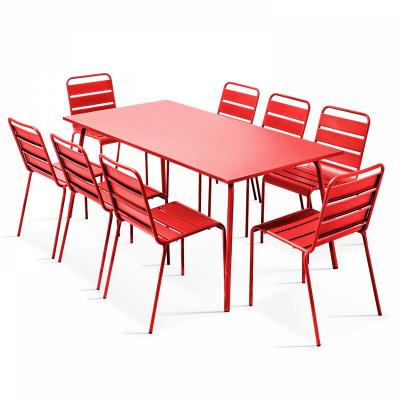 Ensemble table de jardin et 8 chaises en m&eacute;tal rouge 180 x 90 x 72 cm