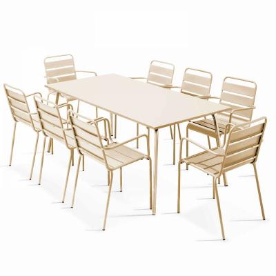 Ensemble table de jardin et 8 fauteuils en m&eacute;tal ivoire