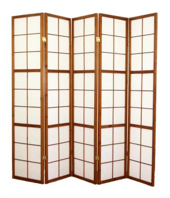 Paravent japonais Shoji en bois brun fonc&eacute; de 5 pans -PEGANE-