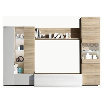 Meuble tv coloris blanc brillant / ch&ecirc;ne canadien en m&eacute;lamine - dim : 185 x 260 x 42 cm