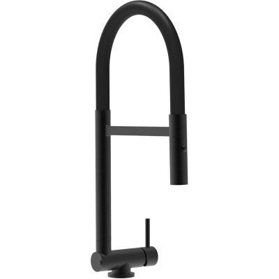 Robinet de cuisine noir mat rabattable sous fen&ecirc;tre 45mm, douche 2jets d&eacute;tachable