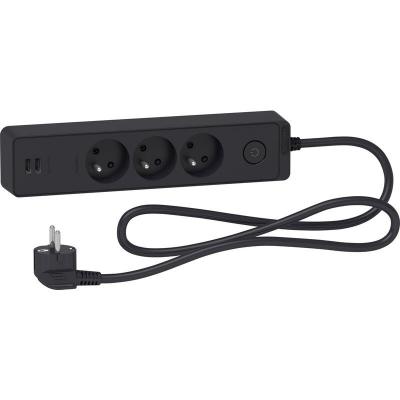 Multiprise filaire, 3 prises + 2 USB, L.1.5m, noir SCHNEIDER ELECTRIC