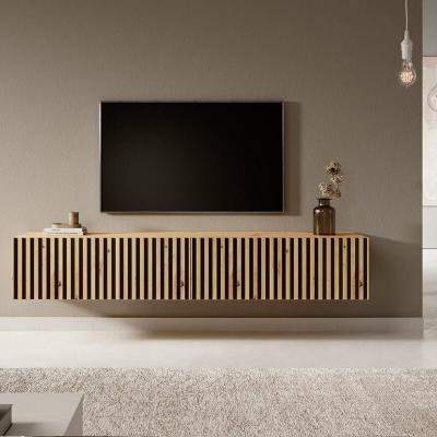 Meuble TV - TELIRE - 175 cm en ch&ecirc;ne artisan avec fa&ccedil;ade frais&eacute;e et inserts noirs