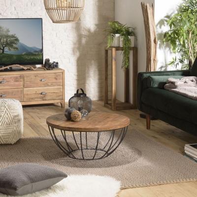 Table Basse ALIDA Coque Noire Bois Teck Recycl&eacute; Et M&eacute;tal 80 X 80 Cm